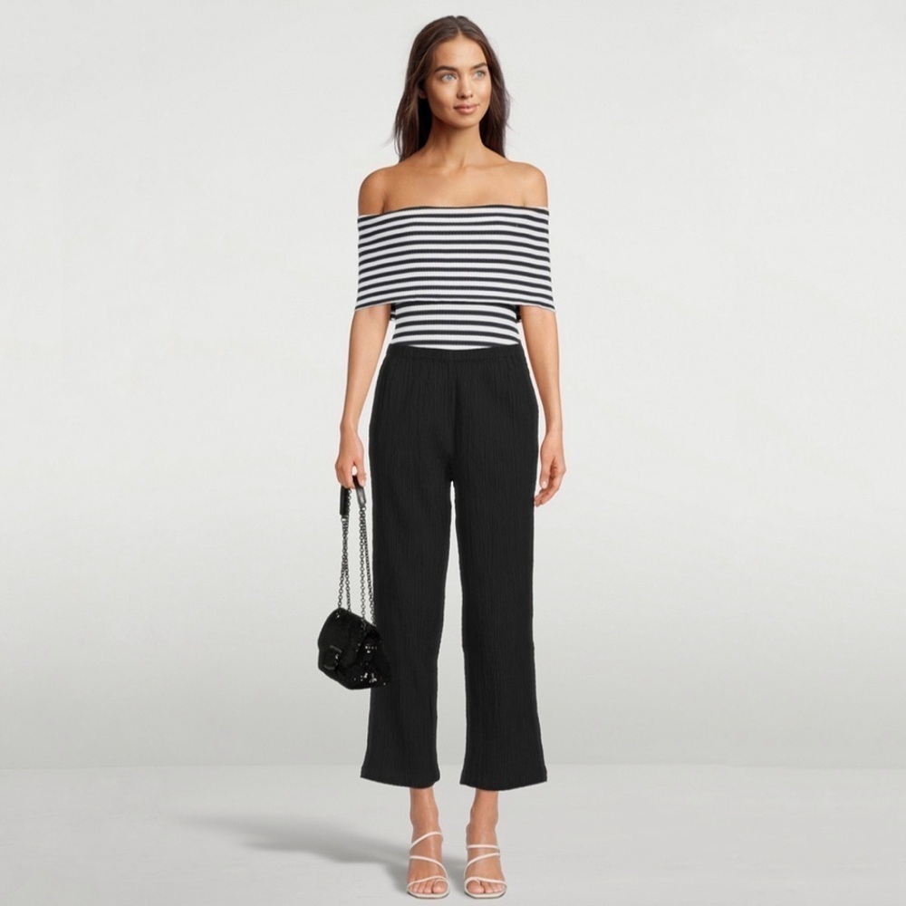 Mara Hoffman Pippy Pant Textured Cotton Pull On Ankle Trouser Black Medium